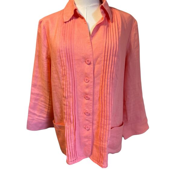 Kim Rogers 100% Linen Blouse Tunic Top Coral LG Petite Button Down Long Sleeves - Picture 2 of 9